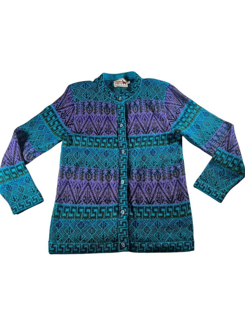 Vintage 80’s Alpaca Wool Teal Purple Knit Cardigan Sweater
